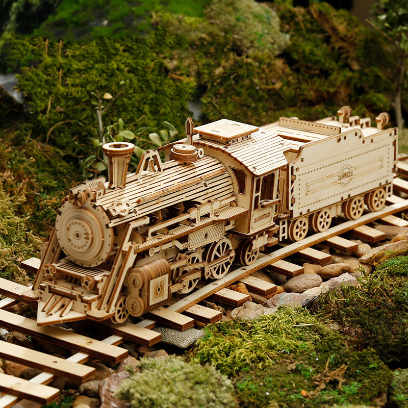 3D Wooden Puzzle Train Model DIY Wooden Train Toy Mechanical Train Model Kit Assembly Model Home Decoration Crafts.. - PaintedUSA