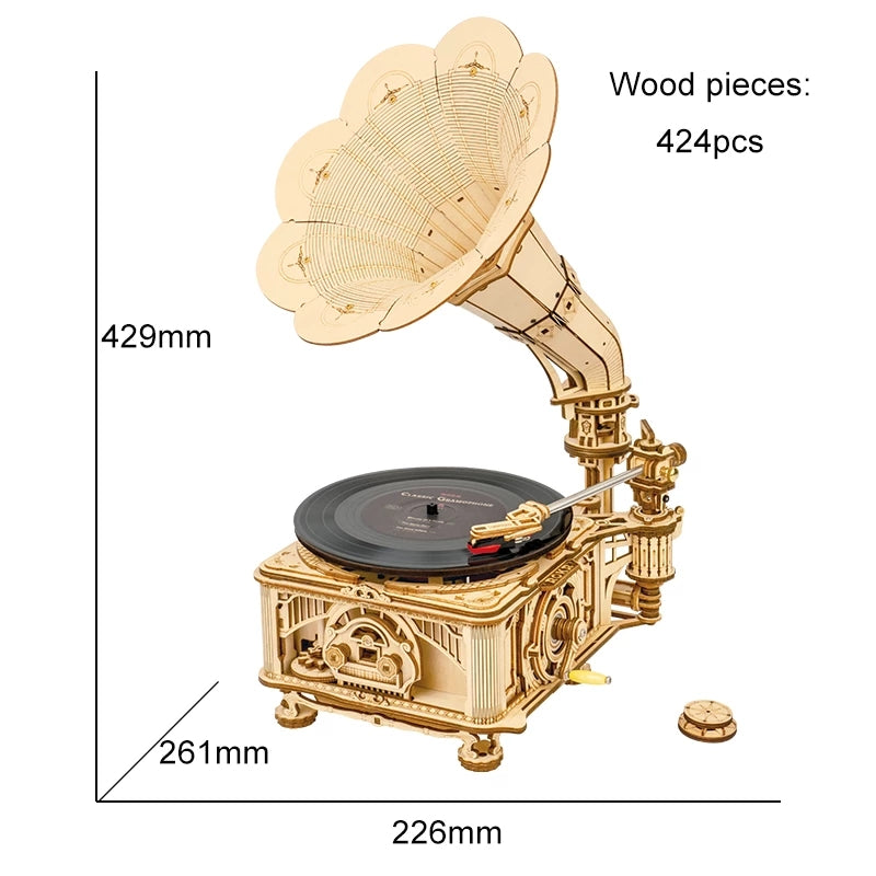 ROKR DIY Hand Crank Classic Gramophone Wooden Puzzle Model Building Kits Assembly Toy Gift For Children LKB01 - PaintedUSA