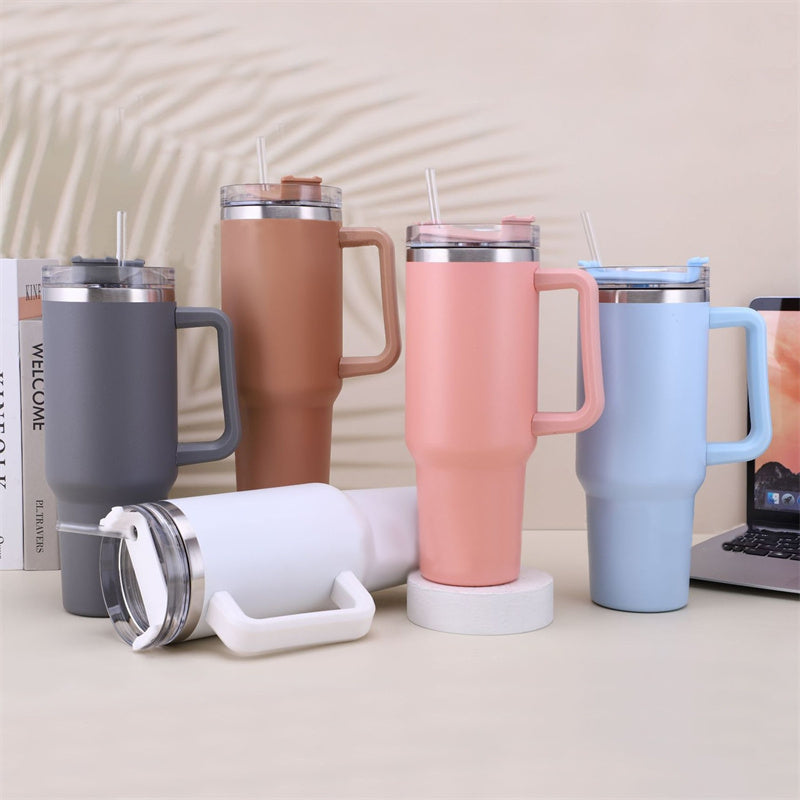 40oz Straw Coffee Insulation Cup With Handle Portable Car Stainless Steel Water Bottle LargeCapacity Travel BPA Free Thermal Mug - PaintedUSA