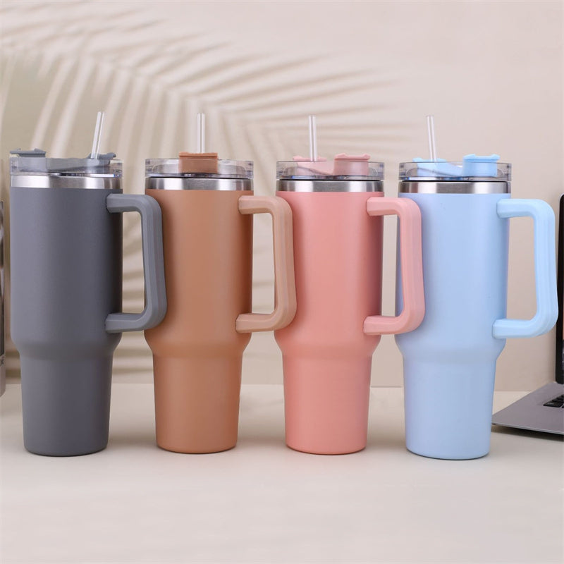 40oz Straw Coffee Insulation Cup With Handle Portable Car Stainless Steel Water Bottle LargeCapacity Travel BPA Free Thermal Mug - PaintedUSA