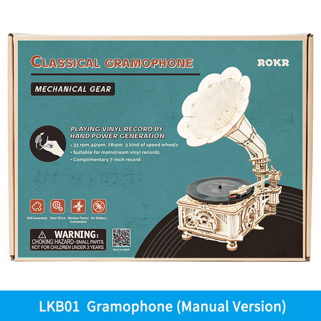 ROKR DIY Hand Crank Classic Gramophone Wooden Puzzle Model Building Kits Assembly Toy Gift For Children LKB01 - PaintedUSA