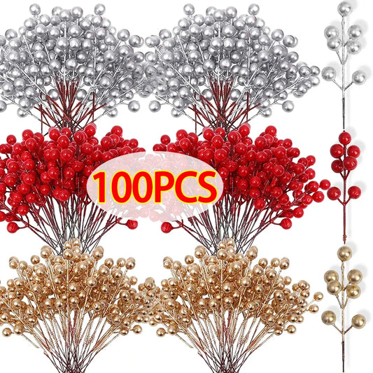 Artificial Berries Red Gold Silver Fake Berries Branch Cherry Stamen Christmas DIY Floral Wreath Ornament New Year Party Decor