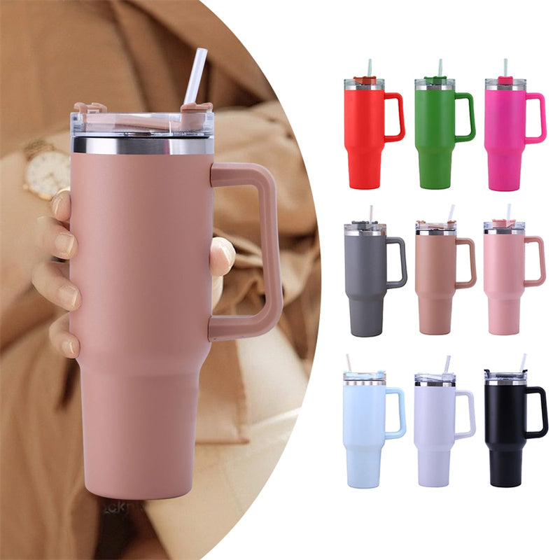 40oz Straw Coffee Insulation Cup With Handle Portable Car Stainless Steel Water Bottle LargeCapacity Travel BPA Free Thermal Mug - PaintedUSA